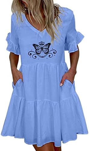 Ženska sina mini haljina pamučna posteljina Swing sandress ruffle kratki rukav leptir haljine casual pucked haljina sa džepom