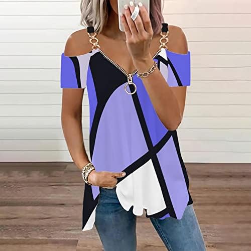 2023 Ženska bluza Dressy Casual kratki rukav V izrez Zip up majice Geometrija Tunika Vrh seksi