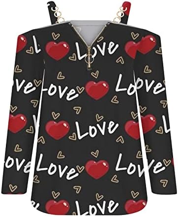 Ženski dan zaljubljenih Shirt seksi Off ramena Dugi rukav T-Shirt Ljubav Srce grafički Tee Casual labave pola Zip up