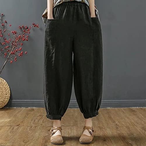 Ženske pamučne posteljine casual hlače opušteno fit solidne boje ljetne harem hlače elastične struke Boho pantalone sa džepovima