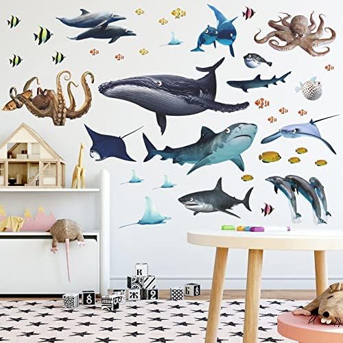 Wallpark Podvodni svjetski zidni naljepnice kitova morski pas hobotni duphin ribe zidne naljepnice, djeca djeca za bebe kućna soba vrtića DIY ukrasni ljepljivi zidni zidni zidni