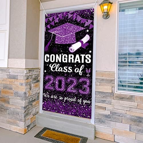 Diplomski Baner, pozadina za diplomiranje za fotografiju, Čestitamo klasa ukrasa za diplomiranje 2023. za dekor vrata i zabave - crno-ljubičasto