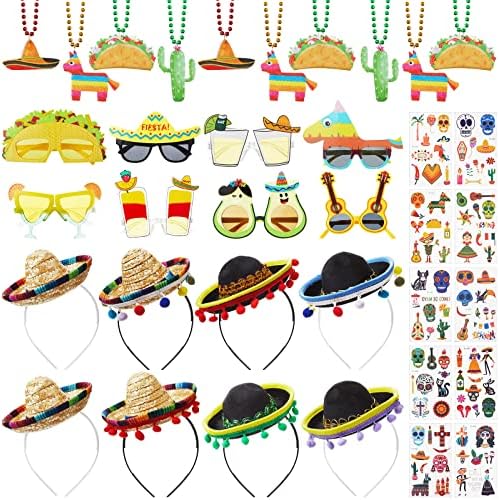 36 kom Cinco De Mayo Fiesta potrepštine za zabavu uključuju 8 Sombrero traka za glavu 8 plastičnih naočara 10 naljepnica za tetovaže i 10 ogrlica za dekoracije Fiesta Party meksičke zabave favorizira rođendanske potrepštine