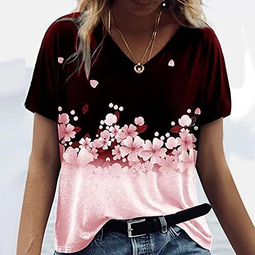 Žene Ljetne vrhove Cvjetne tiskane majice Kratki rukav Boja blok V izrez Tunika Ležerna labava bluza Tee majice 2023 Moda