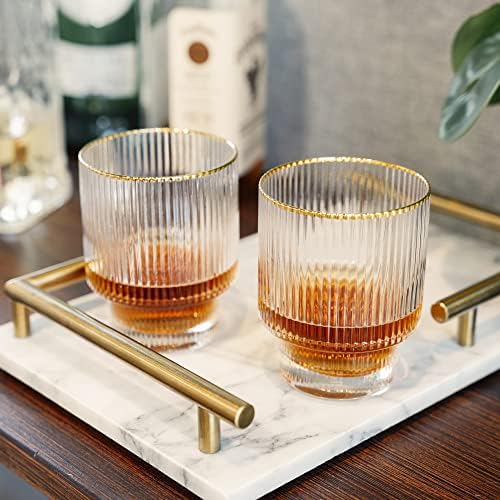 Viski Meridian lowball naočare Set 2-Vintage čaša za piće za Whisky, Scotch & Bourbon-Art Deco Ripple glassware dizajn, 12oz Gold