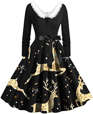 Krzneni Božić haljina za ženske Vintage 1950's Božić Dugi rukav haljina V izrez Rockabilly prom party koktel haljine