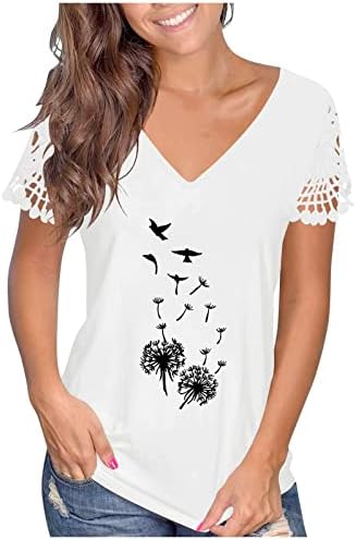 Ženske casual labave majice čipke CUTOUT kratki rukav na vrhu Leptir Mandelion Print majice 2023 Ljetna bluza Vrh