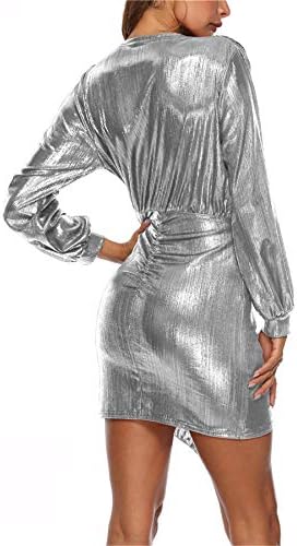 Andongnywell ženske seksi duboke V izrez duge rukave metalna haljina sjajna metalik Glitter nepravilne haljine