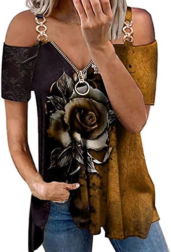 Narhbrg Plus Veličina hladne tunike na ramenu za žene Seksi majica kratkih rukava Ljetne casual Flowy Bluze sa patentnim zatvaračem