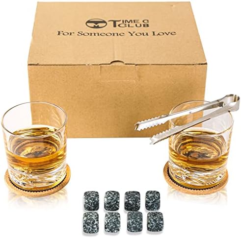 M TIME C CLUB Whisky kamenje i Whisky Glass Poklon Set, 8 granitno hladno kamenje sa 2 kristalne čaše 10.6 oz, 2 podmetači i metalne