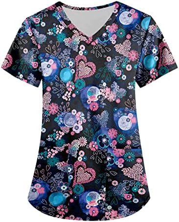 Trebinske majice za žene, ženski modni kratki rukav V-izrez s džepovima tiskanim vrhovima