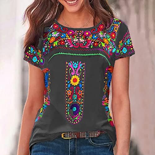 Ženska okrugla vrat Ležerna ljetna košulja, vintage s kratkim rukavima, okrugli izrez iz vezeni meksički seljak