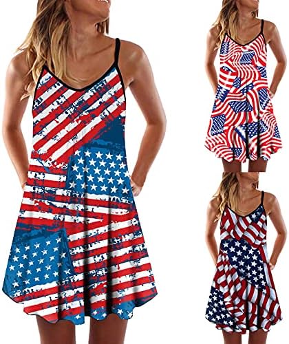 Balakie ženska četvrta jula Američka zastavama bez rukava bez rukava haljina sa rukavima na plaži sa džepovima